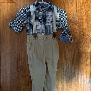 Checkered Shirt and Khaki Pants Set with Suspenders